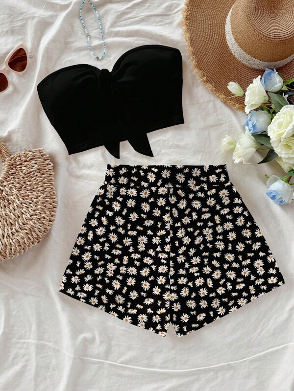 Soleia Conjunto de top corto con lazo y pantalones cortos mini casual para mujer, estampado floral pequeño, adecuado para vacaciones de verano, tarde del té