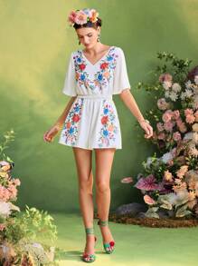 Oxana Frida Kahlo X SHEIN X Designer 花卉印花 V 领飘逸短袖波西米亚风女式度假连体裤 - 彩色 - 查看 8