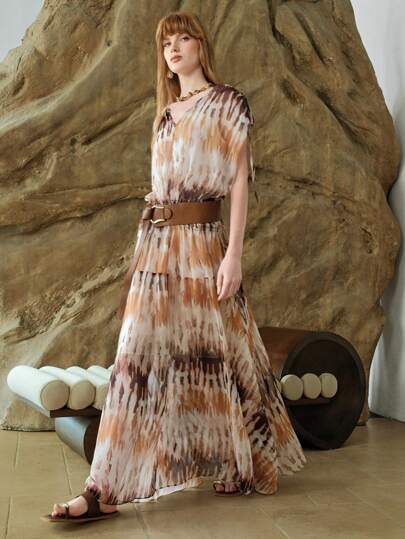 GENKIRA 编织条纹印花深 V 领无袖腰部收腰希腊波西米亚风休闲户外海滩度假连衣裙，女式春夏