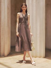 SHEIN ChicEase Green Women's Tie Waist Deep V-Neck Striped Print French Style Long Dress - Coffee Brown - View 4
