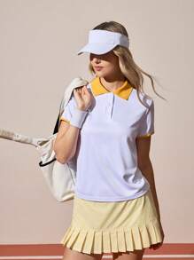 Gameset SHEIN Sport 女式可调节领扣撞色宽松休闲高尔夫运动网球 Polo 衫，春夏 - 白色 - 查看 7