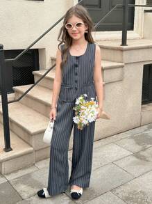 SHEIN Conjunto de 2 piezas con blazer sin mangas de cuello cuadrado a rayas y pantalones de pierna ancha para niña preadolescente - Gris Oscuro - Ver 6