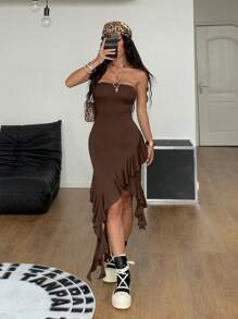 Coolane Vestido tubo de mujer con volantes y bajo asimétrico de unicolor, para verano, estilo bohemio, para salir - Café integral - Ver 5