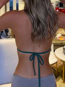 Swim Basics 纯色颈部系带露背比基尼上衣 - 青碧色 - 查看 2