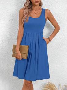 SHEIN LUNE 女士圆领褶皱优雅迷人时尚连衣裙 - 寶藍色 - 查看 3