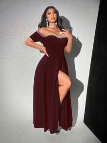 Viva Relle Đầm hở vai hở vai thanh lịch gợi cảm đính hạt cỡ lớn - Màu Đỏ Sâu - Xem 3