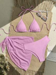 Zestiva 3pcs/Set Solid Color Textured Bikini Swimsuit For Beach Vacation For Summer