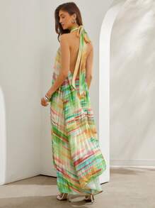 L'Amorae Vestido de verano para mujer con cuello halter de cuello en V profundo y estampado de teñido anudado