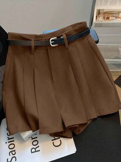 Franclia Pantalones cortos casuales de mujer con pliegues, de un solo color, con trabillas para cinturón