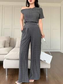 DAZY Damen Sommer & Frühling/Herbst Hohlmuster Jacquard asymmetrische Schulter locker lässig Sportbekleidung 2 Stücke Set Loungewear Sets für Damen Kurze Sets für Damen - Dunkelgrau - Übersicht 5