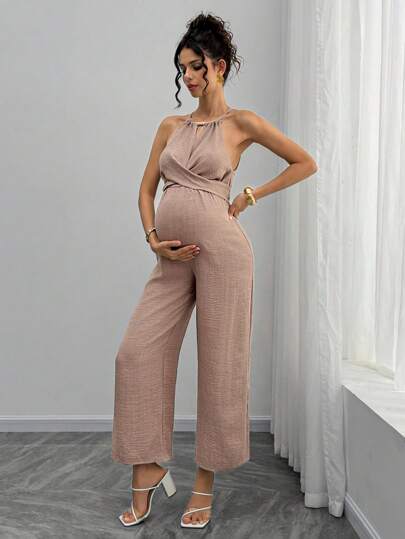 Momance Pantalón largo con parte delantera con lazo y espalda con lazo con cuentas de madera para maternidad