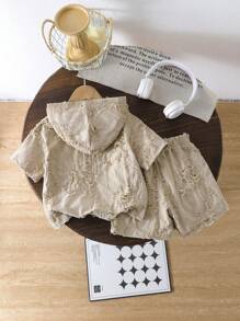 2pcs Toddler Boys Textured Fabric Set, Hooded Tee And Shorts, Distressed Fabric For Street Casual Style, Chest Graphic Print, School, Campus, College - Grey - View 2