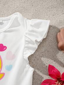 BABY SHARK X SHEIN Baby Girl Cartoon Cute Yellow Shark Heart Graphic White Casual Short Sleeve Bodysuit And Pink Mesh Cute Mini Skirt Set - Multicolor - View 6