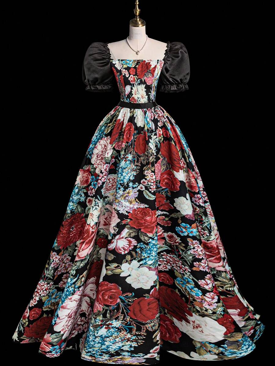 Sweetra Plus Size Vintage Style Elegant Print Simple Dress - Red - View 1