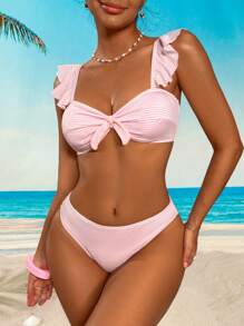 Swim Mod 2件套女士纯色条纹荷叶边可爱比基尼套装