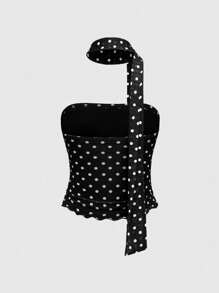 ROMWE J-Fashion 女士波尔卡圆点印花褶饰挂脖背心 - 黑色 - 查看 4