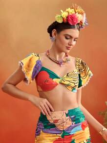 Redefinition Frida Kahlo X SHEIN X Designer Floral Print Off Shoulder Twist Front Crop Top Flounce Ruffle Sleeve For Women Summer Vacation - Multicolor - View 5