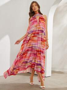 L'Amorae 女士夏季扎染印花深V领挂脖连衣裙 - 紅色 - 查看 2