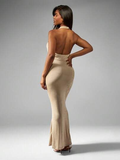 MISSGUIDED Luxurious Cowl Neck Halter Maxi Dress Backless Evening Gown Bodycon Floor Length Special Occasion Wedding Guest Reception Formal Wear,L
