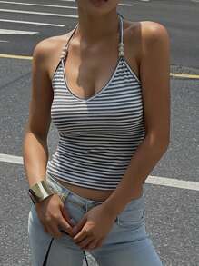 DAZY 女式夏季串珠吊带无袖黑白条纹背心，返校服装 - 灰色 - 查看 4