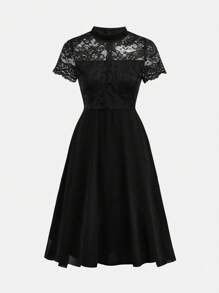 Pitira Pitira Teen Girls Black Sheer Lace Floral Trim Chiffon Hem Mid-Calf Dress, Elegant For Festivals, Parties, Weddings, Graduations Black Lace Dress Black A-Line Dress Short Sleeve Black Dress Elegant Black Dress
