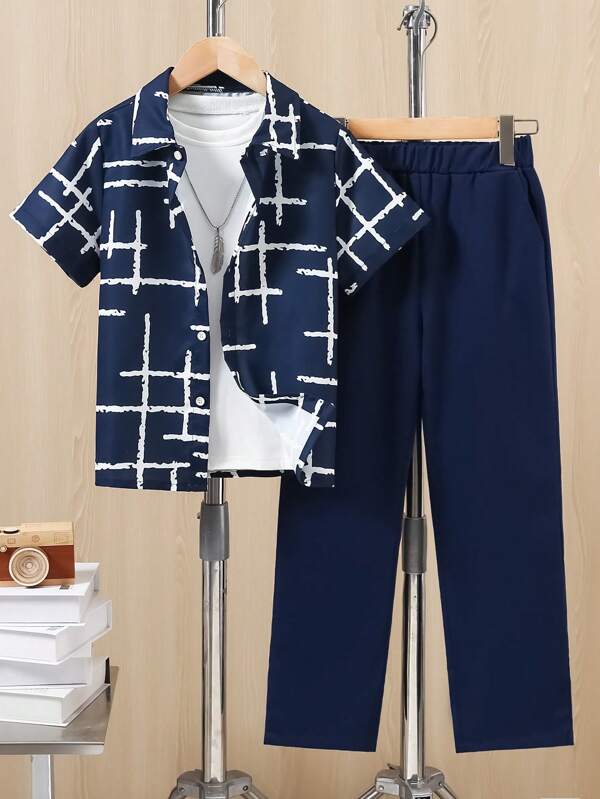 2pcs Set: Casual Collared Printed Short Sleeve Shirt & Straight Leg Pants Outfit For Teenage Boys, Suitable For Summer, Outdoor, Party