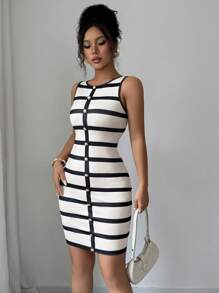 Elenzga Women's Elegant Striped Sleeveless Slim-Fit Mini Bodycon Dress, Summer