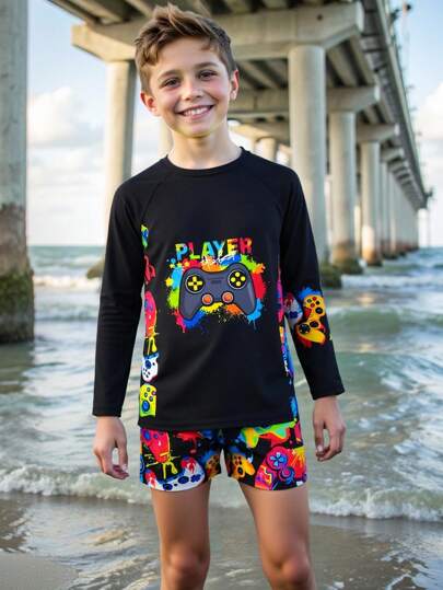 2pcs Tween Boy Cartoon Game Console Print Long Sleeve Top + Shorts Swimsuit Set, Beach/Vacation