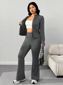 SHEIN EZwear 大码休闲轻便瑜伽夹克和喇叭裤套装，两件套女式灰色两件套长袖两件套女式两件套 - 灰色 - 查看 6