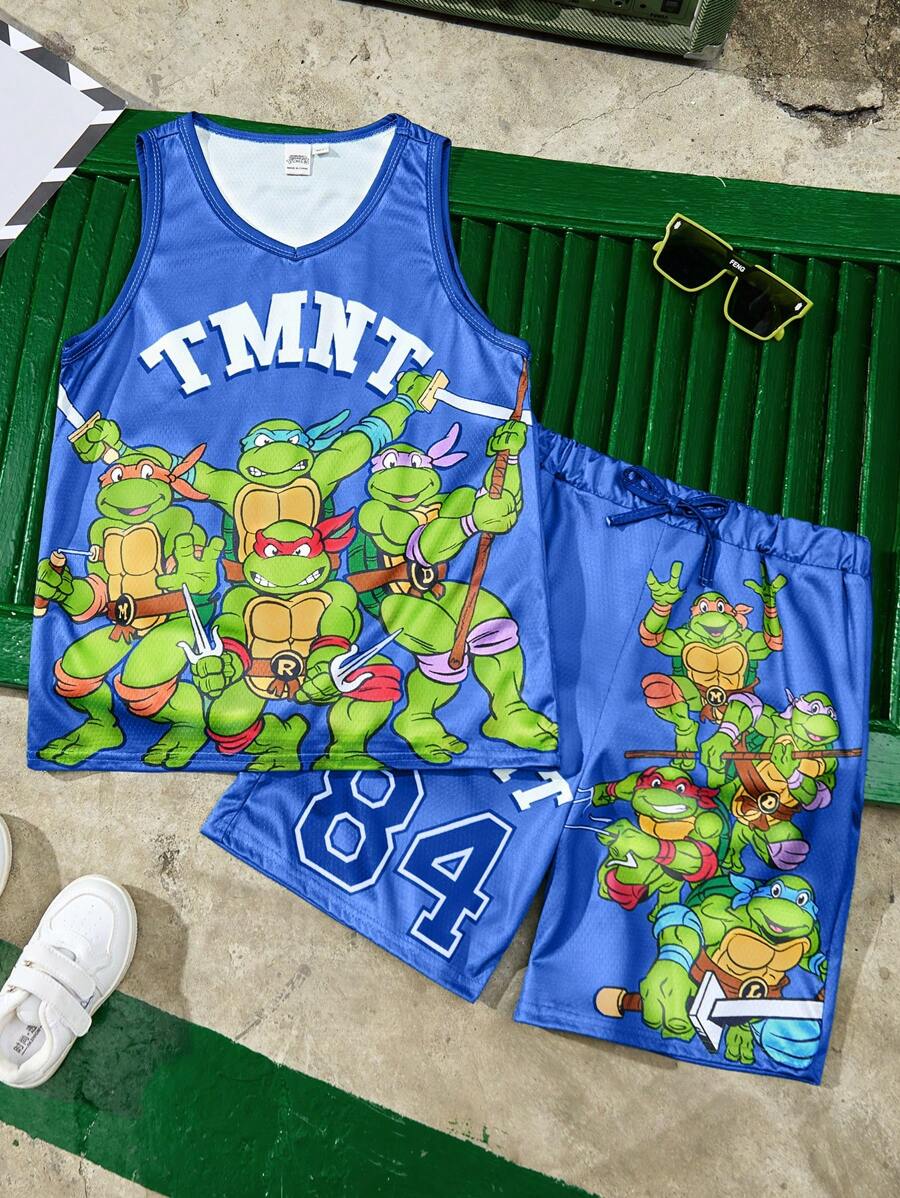 TEENAGE MUTANT NINJA TURTLES | SHEIN 2件套青少年男童卡通图案运动休闲背心和短裤套装 - 藍色 - 查看 1
