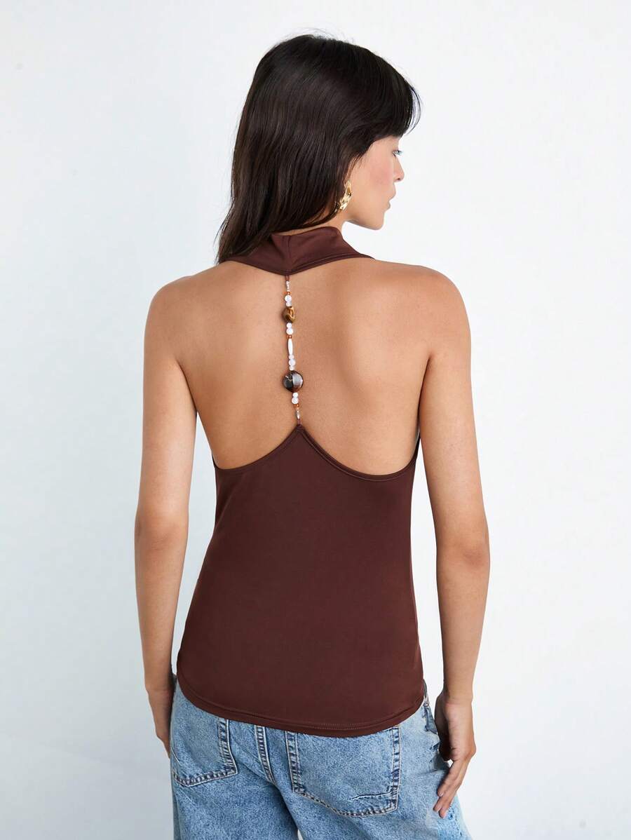 Maija Nuevo top sin espalda con cadena y cuentas de color café con leche para mujer, diseño elegante, romántico y casual para uso diario, oficina, fiesta, boda, brunch, festival de música y talla grande, regalo de cumpleaños - Café integral - Ver 1