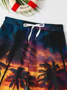 Bermudas de baño casuales con estampado de hojas y corte holgado para adolescentes, adecuado para el verano