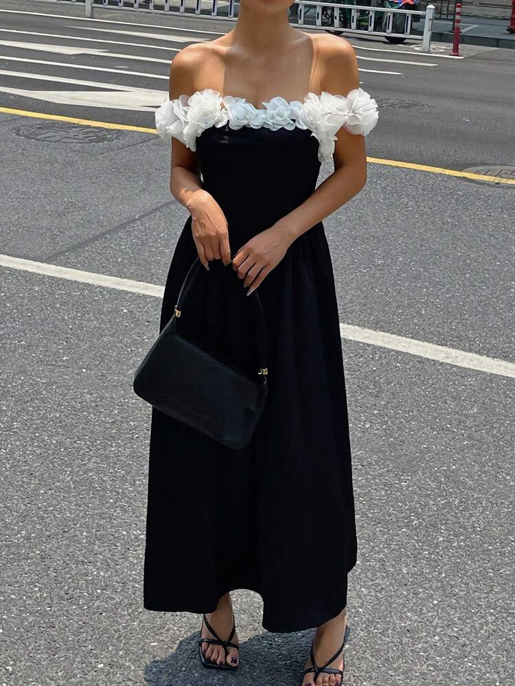 Women's 3D Flower Strap Waist Flare Dress, Elegant Style For Summer Wedding Women Dresses