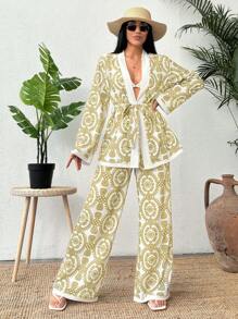 SHEIN Cottnline 2pcs/Set Totem Retro Print Kimono Cardigan And Wide Leg Pants - Yellow - View 2