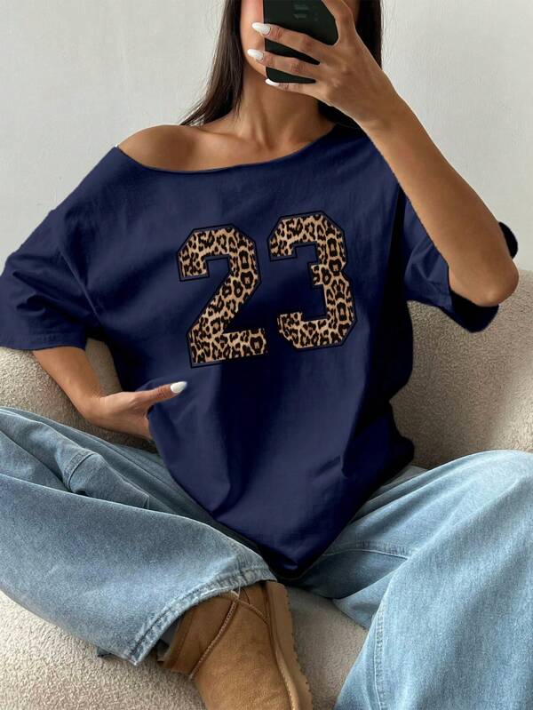 StreetHx Women's Oversized Leopard Print Number 23 Loose Raglan Sleeve T-Shirt, Navy Blue Short Sleeve
