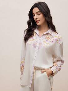 Modelyn Camisa elegante de manga larga con botones al frente y estampado floral para oficina para mujer - Multicolor - Ver 2