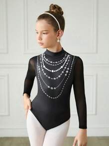 SHEIN Bộ đồ liền thân bó sát tập luyện thi đấu thể thao dài tay cho bé gái tuổi mới lớn, in họa tiết màu đen, co giãn cao thoải mái, thoáng khí - màu đen - Xem 6