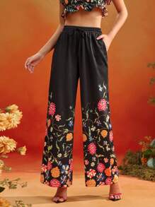 Oxana Frida Kahlo X SHEIN X Designer 黑色碎花松紧腰可调节抽绳阔腿女裤夏季假日 - 彩色 - 查看 5