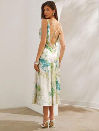 L'Amorae 女士优雅多色扎染缎面无袖垂领交叉低背正式夏季中长连衣裙，女士夏季服装，女士沙滩装，7 月 4 日服装