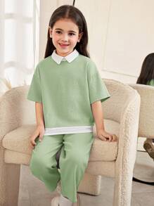 SHEIN Lässiger, eleganter Anzug für Kleine Mädchen im Büro mit lockerem Hemdkragen, übergroßer, überschnittener Schulter, kurzen Ärmeln, strukturiertem Spleiß-Farbblock-Bluse-Oberteil und gerade geschnittener Hose