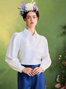 Frida Kahlo X SHEIN X Designer Israel Jasso White Floral Print Buttons Puffed Long Sleeves Pockets Shirt Women Summer Vacation