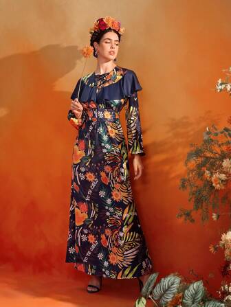 Frida Kahlo X SHEIN X Designer Oxana Blommig maxiklänning A-linjeformad lång puffärm för kvinnor Sommarsemester Semester Elegant