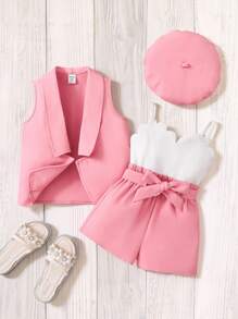 SHEIN 2pcs/Set Baby Girl Solid Color Vest Jacket And Knit Overalls With Cap - Pink - View 2