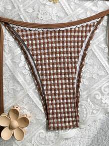 Swim Mod Jacquard Knit Halter Triangle Wireless Top And Side Tied Swim Shorts, Women 2-Piece Swimsuit Set For Summer Beach Holiday - Brown - View 6