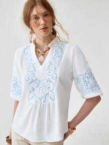 Florisole Lässiges, schickes, süßes Oberteil mit V-Ausschnitt, bestickten Puffärmeln, bequem & atmungsaktiv, Alltagskleidung & Urlaub, weiß, Damen Frühling/Sommer