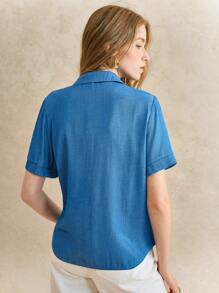 Écloséra Cardigan retro francez la modă, casual, minimalist, versatil, cu guler răsturnat, mânecă scurtă, moale și confortabil, din in Tencel, pentru femei, primăvară/vară, albastru - Bleu - Vizualizare 3