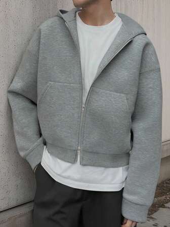 Manfinity Dauomo Heren casual eenvoudige effen kleur drop shoulder losse rits hoodie sweatshirt, veelzijdig voor lente en herfst