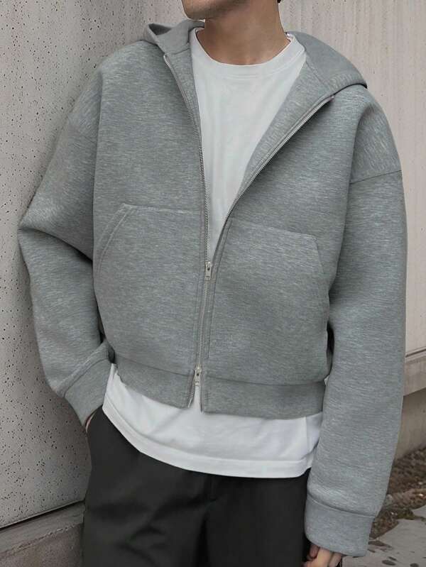 Manfinity Dauomo Lässiges, einfaches, einfarbiges, lockeres Kapuzenpullover-Sweatshirt mit Reißverschluss für Herren, vielseitig für Frühling und Herbst, Drop-Shoulder