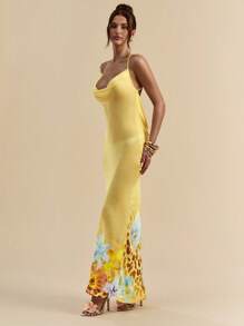 SHEIN BAE Sexy Backless Leopard & Floral Print Tied Neck Slim Fit Elegant Dress, Suitable For Beach Holiday - Yellow - View 6