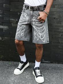 PAVTROS Manfinity Streetrush Men's Casual Washed Bone Skeleton & Cross Embroidery Denim Shorts